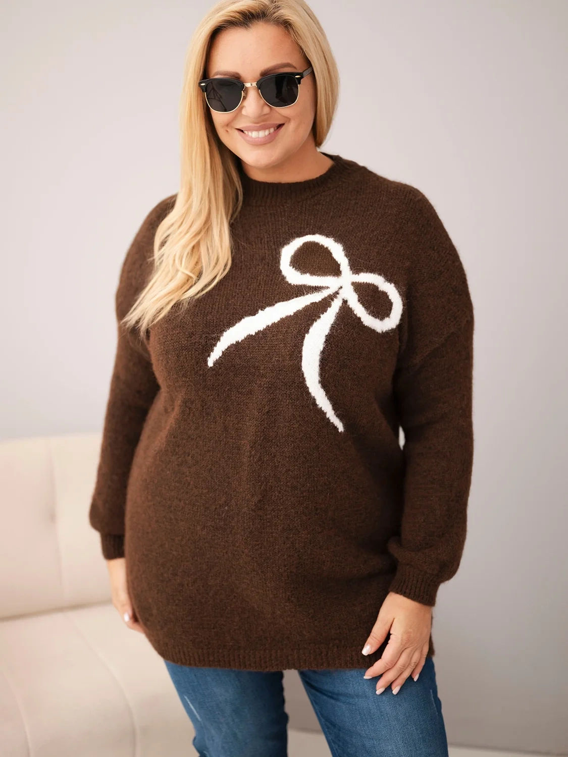 Sweter damski Plus Size z wełną i kokardą – długi sweter 46–50