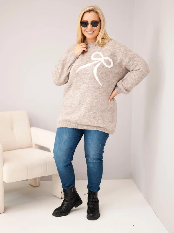 Sweter damski Plus Size z wełną i kokardą – długi sweter 46–50  
