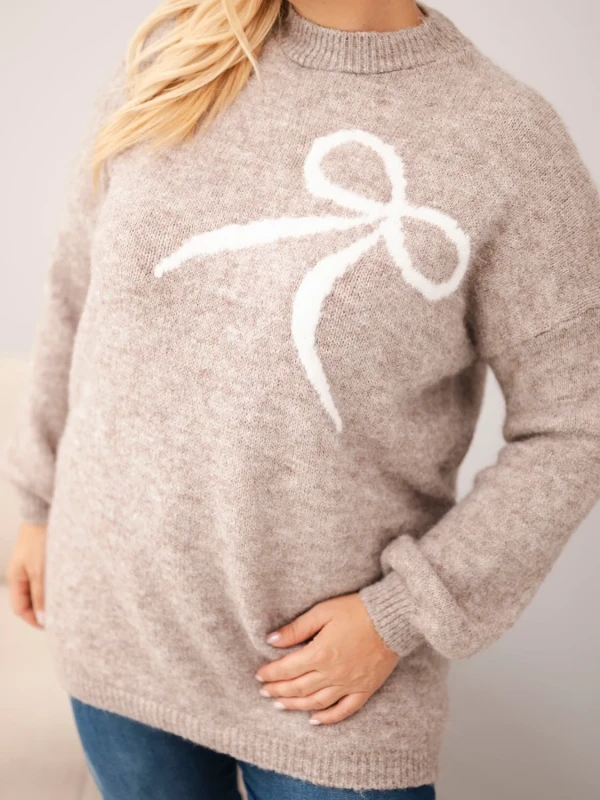 Sweter damski Plus Size z wełną i kokardą – długi sweter 46–50  