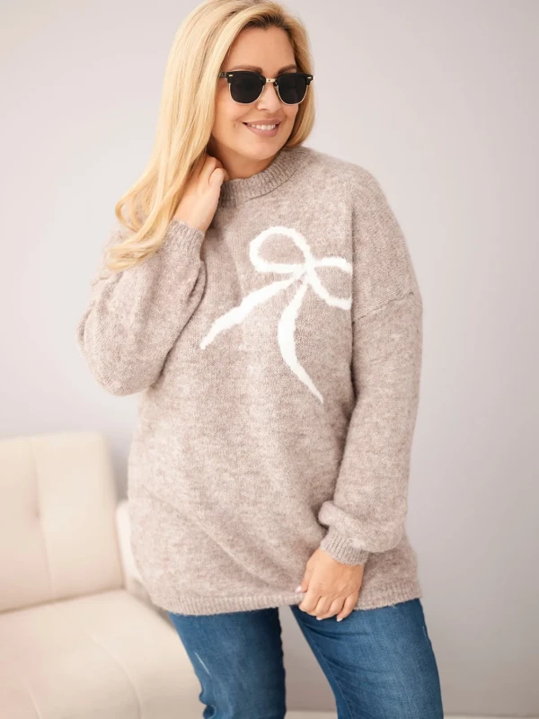 Sweter damski Plus Size z wełną i kokardą – długi sweter 46–50  