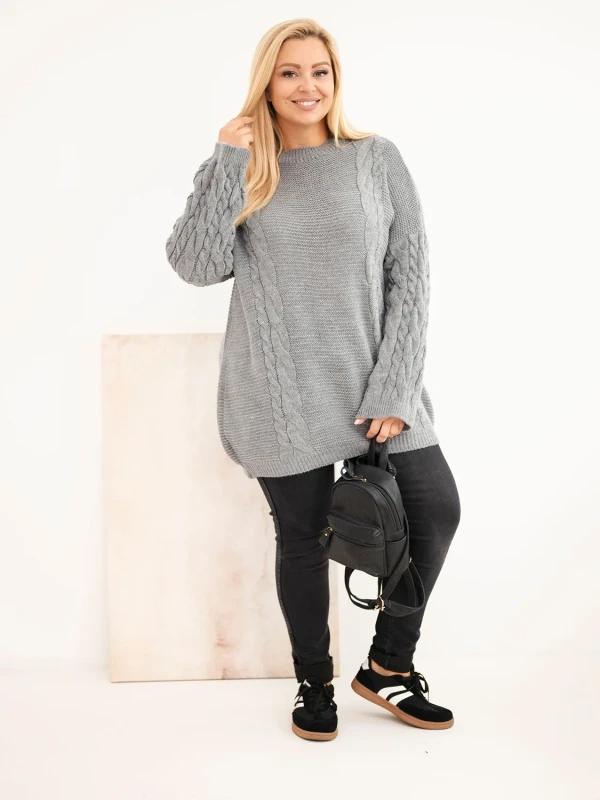 Sweter damski Plus Size z warkoczowym wzorem – długi sweter oversize 48–52