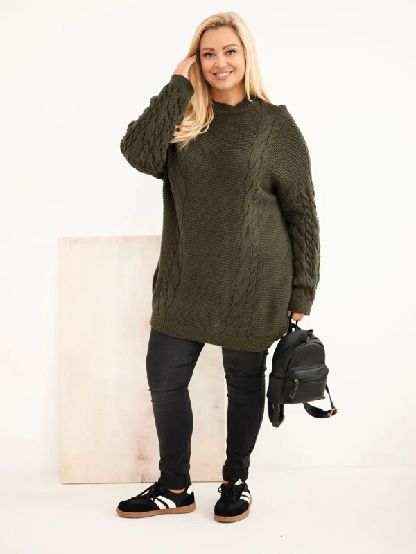 Sweter damski Plus Size z warkoczowym wzorem – długi sweter oversize 48–52