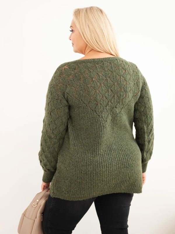 Sweter damski Plus Size z ażurowym wzorem i wełną – długi sweter 46–50