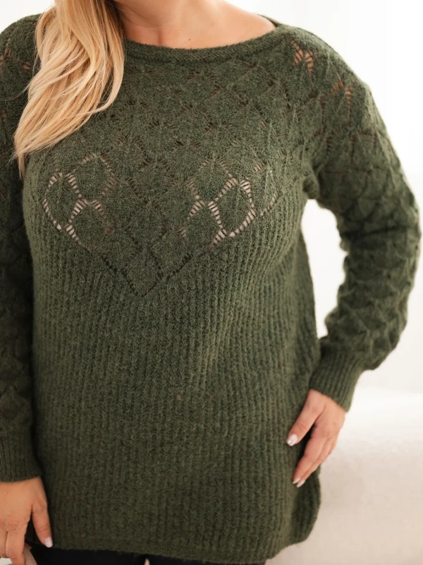 Sweter damski Plus Size z ażurowym wzorem i wełną – długi sweter 46–50