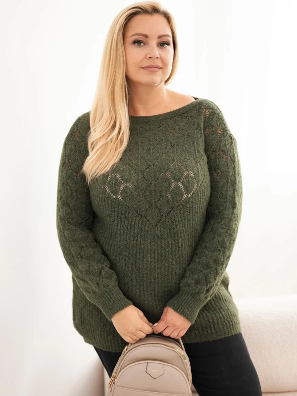 Sweter damski Plus Size z ażurowym wzorem i wełną – długi sweter 46–50