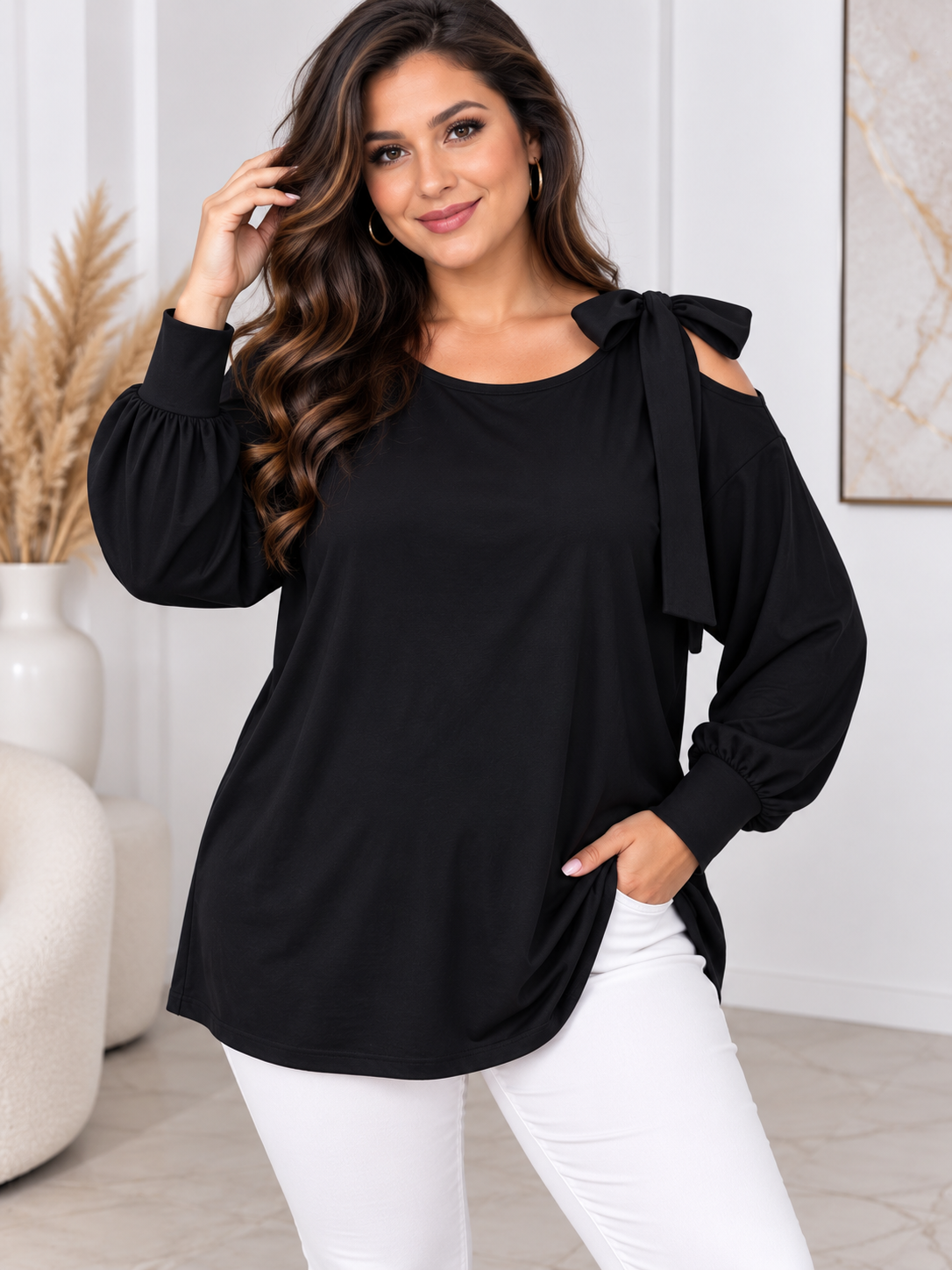 Bluzka damska Plus Size Valentina z odkrytymi ramionami i kokardą ( 48-54) 