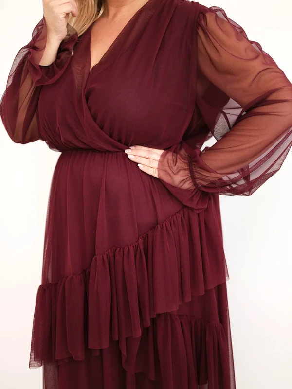Sukienka kopertowa Plus Size z tiulowymi rękawami i falbanami – elegancka sukienka damska 46–50