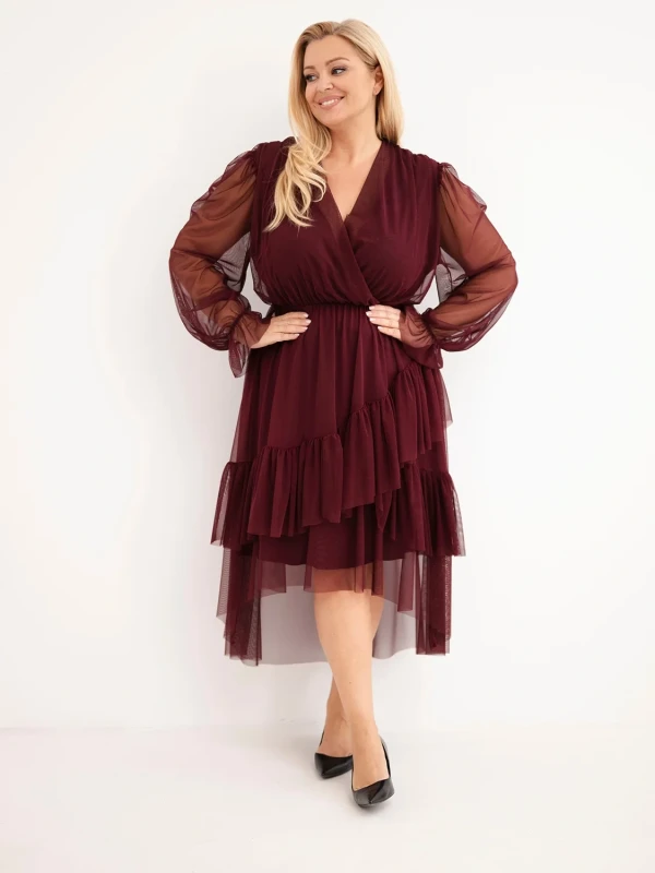 Sukienka kopertowa Plus Size z tiulowymi rękawami i falbanami – elegancka sukienka damska 46–50