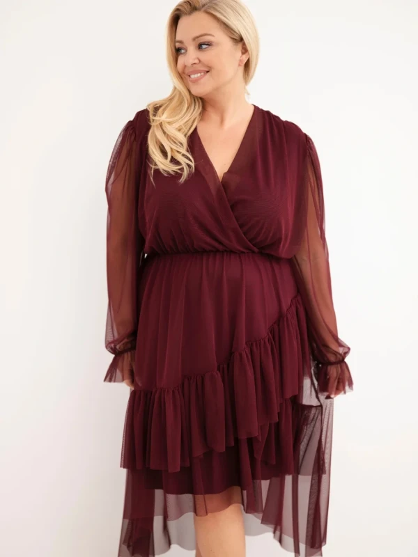 Sukienka kopertowa Plus Size z tiulowymi rękawami i falbanami – elegancka sukienka damska 46–50