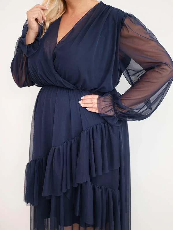 Sukienka kopertowa Plus Size z tiulowymi rękawami i falbanami – elegancka sukienka damska 46–50