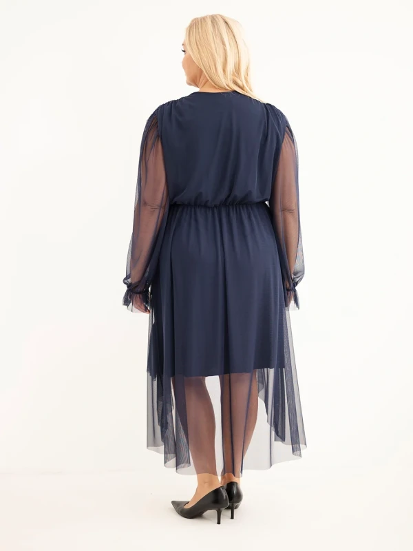 Sukienka kopertowa Plus Size z tiulowymi rękawami i falbanami – elegancka sukienka damska 46–50