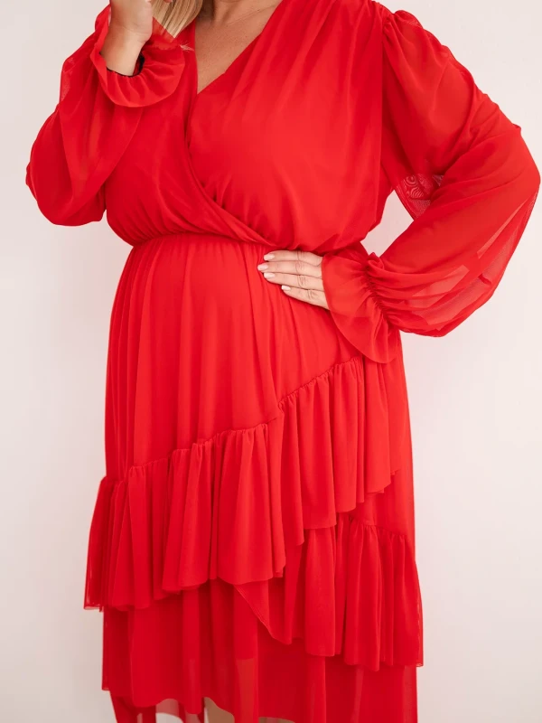 Sukienka kopertowa Plus Size z tiulowymi rękawami i falbanami – elegancka sukienka damska 46–50 