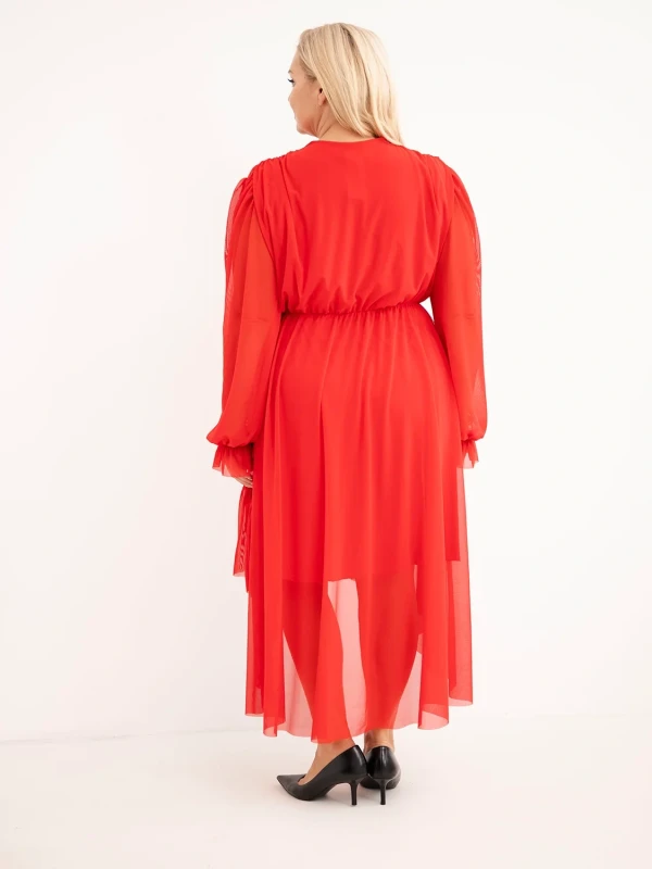 Sukienka kopertowa Plus Size z tiulowymi rękawami i falbanami – elegancka sukienka damska 46–50 