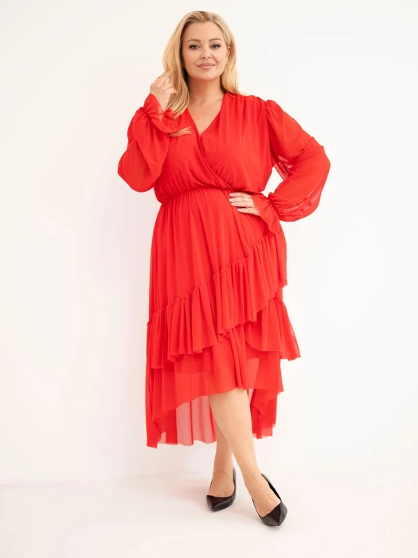 Sukienka kopertowa Plus Size z tiulowymi rękawami i falbanami – elegancka sukienka damska 46–50 