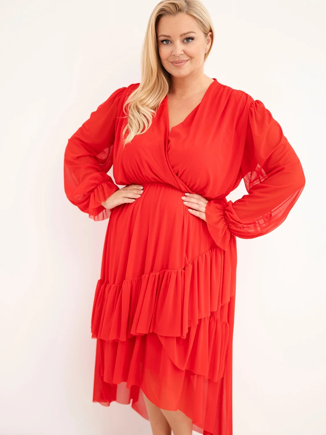 Sukienka kopertowa Plus Size z tiulowymi rękawami i falbanami – elegancka sukienka damska 46–50 