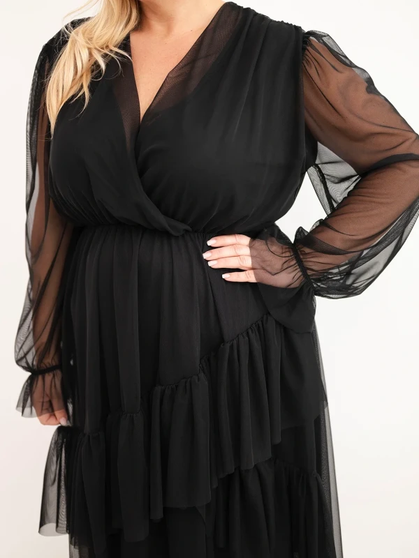 Sukienka kopertowa Plus Size z tiulowymi rękawami i falbanami – elegancka sukienka damska 46–50  