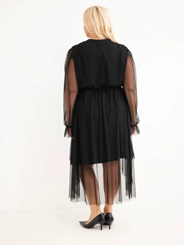 Sukienka kopertowa Plus Size z tiulowymi rękawami i falbanami – elegancka sukienka damska 46–50  