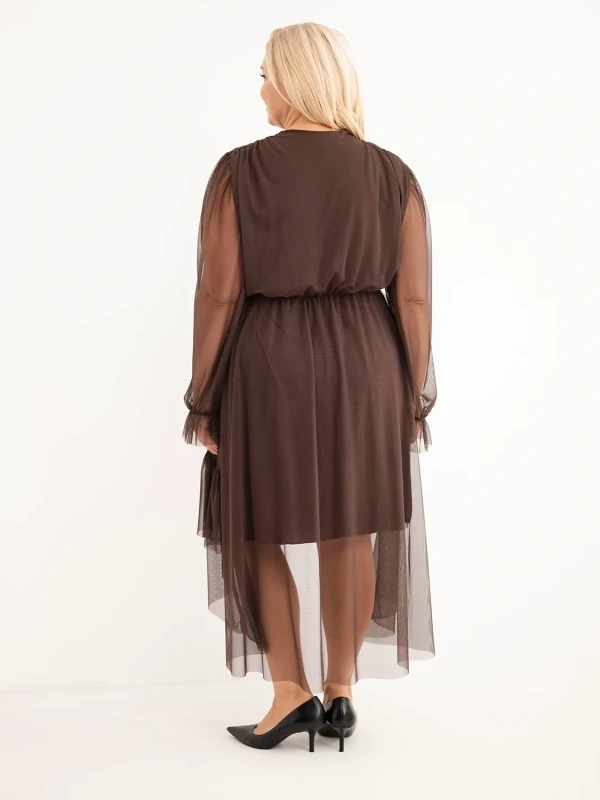 Sukienka kopertowa Plus Size z tiulowymi rękawami i falbanami – elegancka sukienka damska 46–50