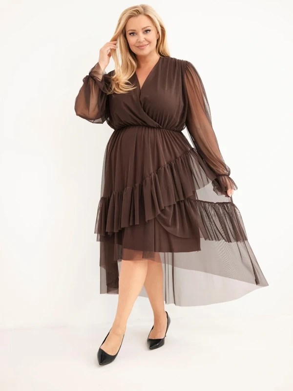Sukienka kopertowa Plus Size z tiulowymi rękawami i falbanami – elegancka sukienka damska 46–50