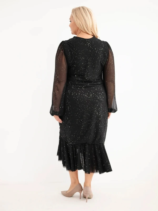 Elegancka sukienka Plus Size midi z marszczeniem i błyszczącymi aplikacjami – rozmiary 44–48 