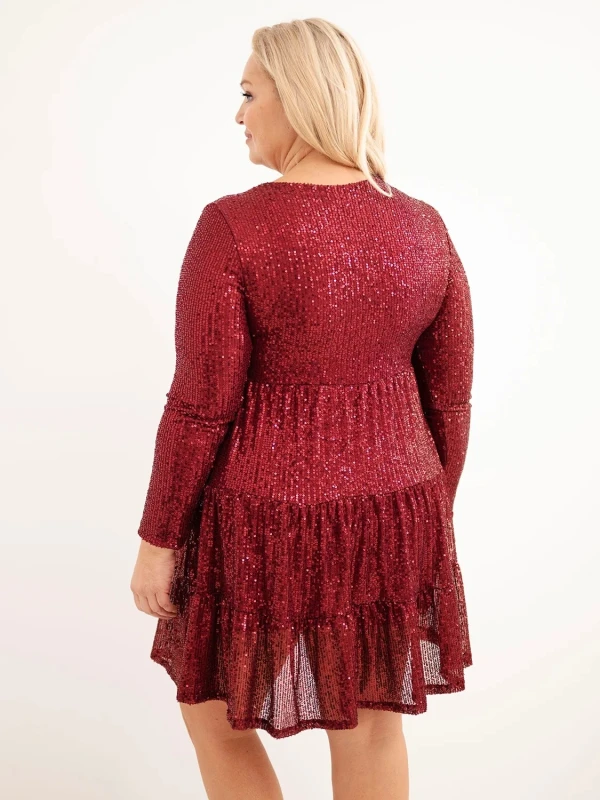 Elegancka sukienka tunika Plus Size z cekinami i falbaną – rozmiar 42–46 