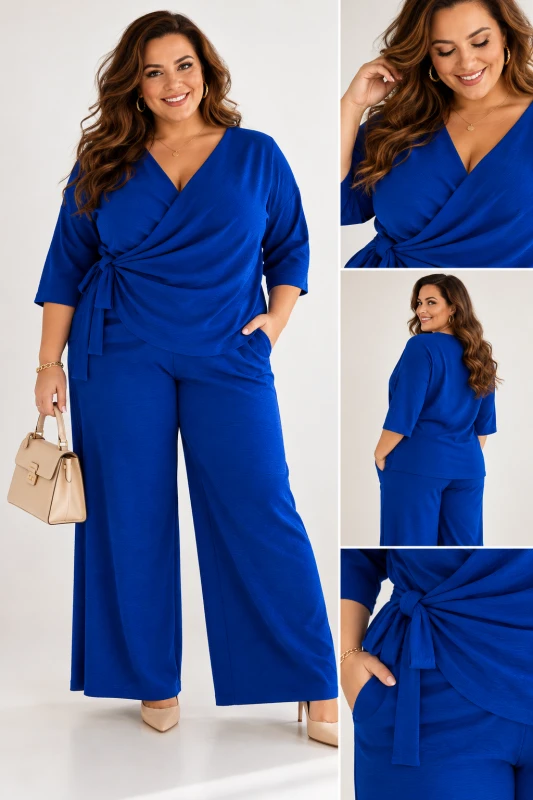 Komplet plus size spodnie + bluzka do wiązania  MAT ( r. 46-54) 