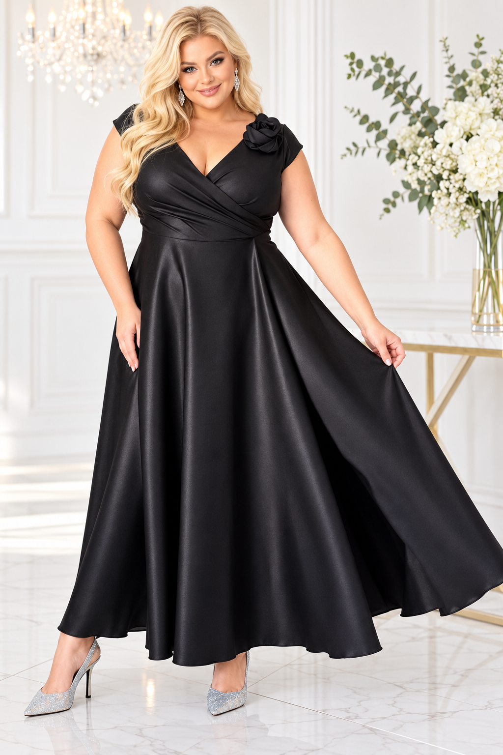 Suknia plus size maxi Glamour z Różą 3D KOD S1009 ( r. 48-60)  