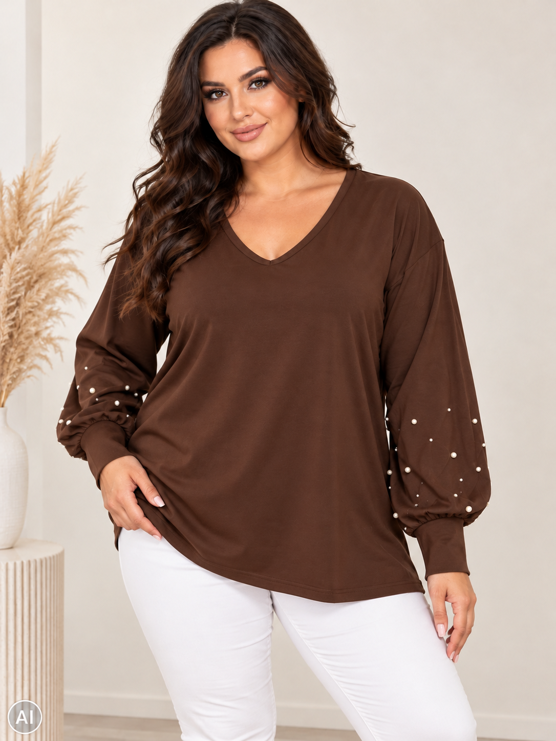Bluzka damska Plus Size Victoria – elegancka bluzka z perełkami na rękawach ( r. 50-54)