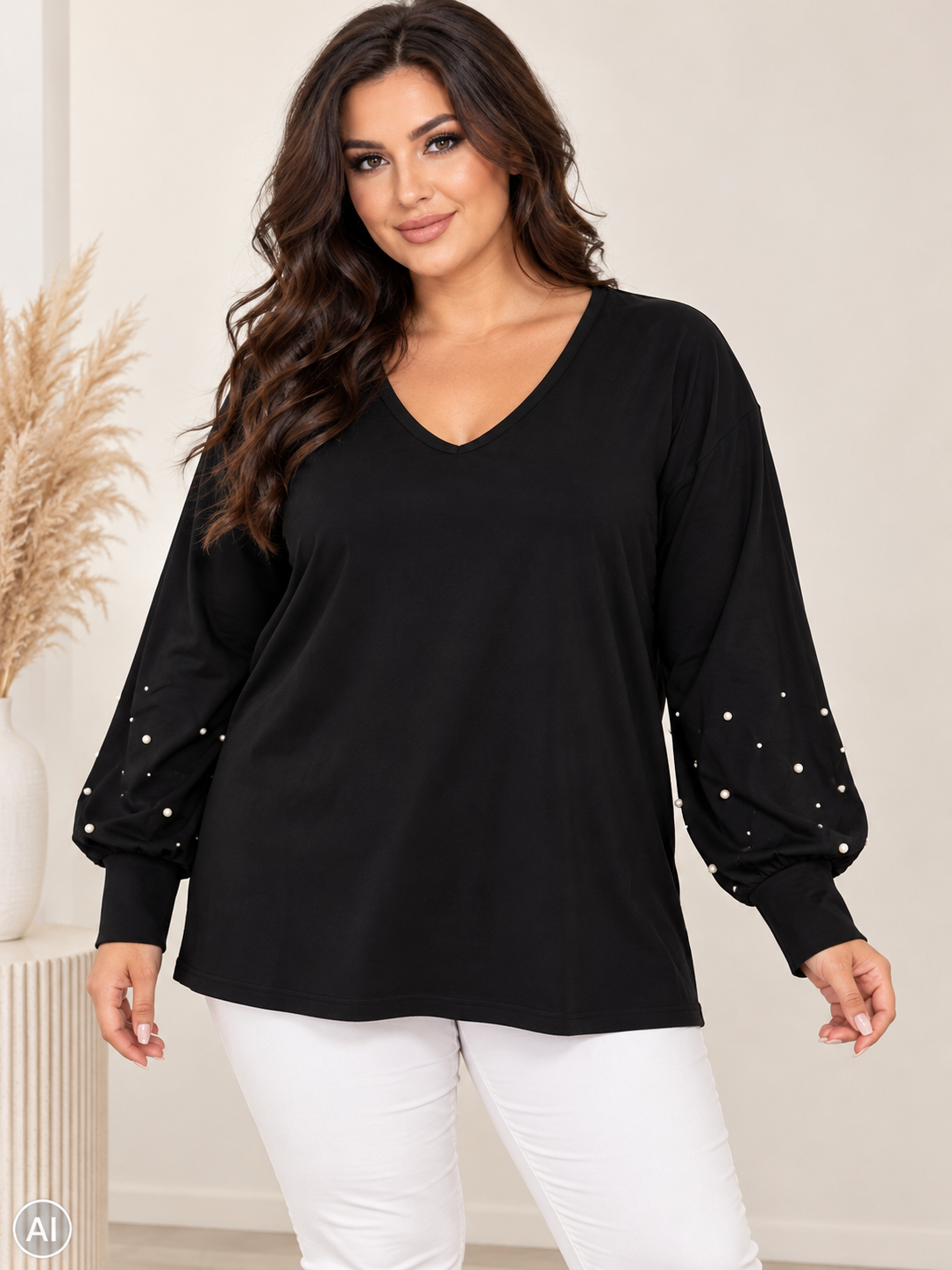 Bluzka damska Plus Size Victoria – elegancka bluzka z perełkami na rękawach ( r. 50-54) 