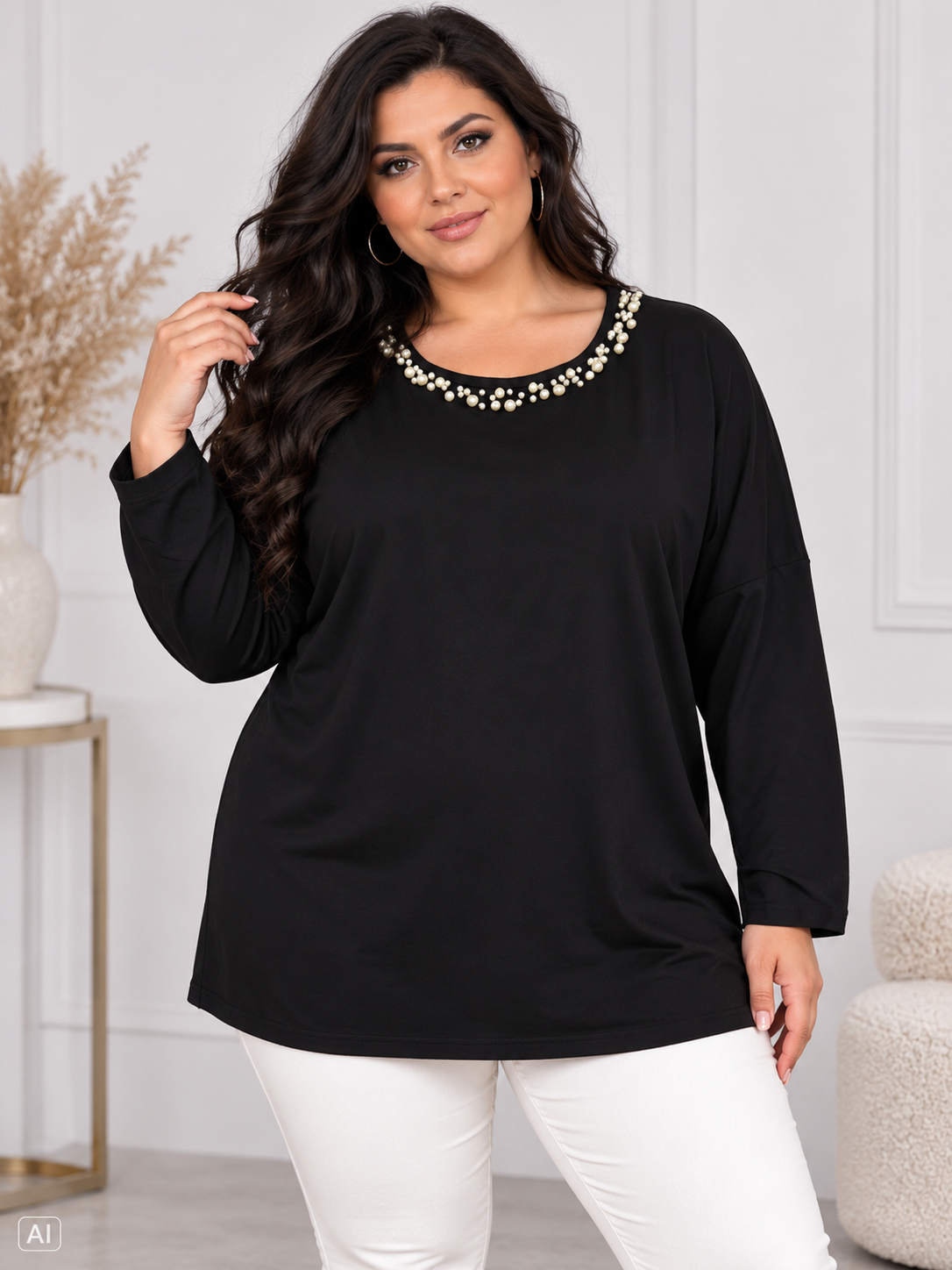 Bluzka damska Plus Size Victoria – elegancka bluzka z perełkami na dekolcie  ( r. 50-54)