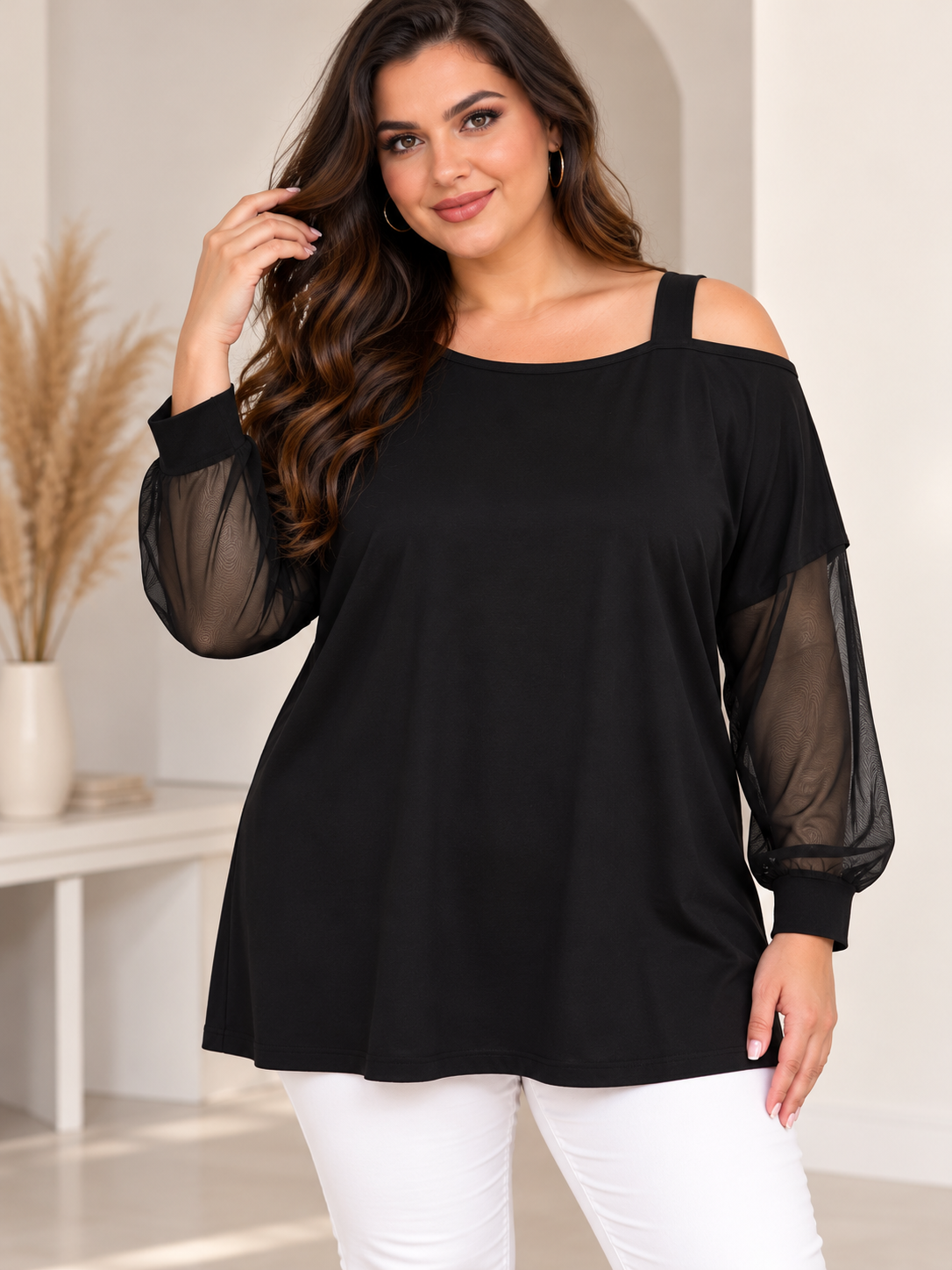 Bluzka damska Plus Size Laura z transparentnymi rękawami z tiulu ( r. 50-54) 