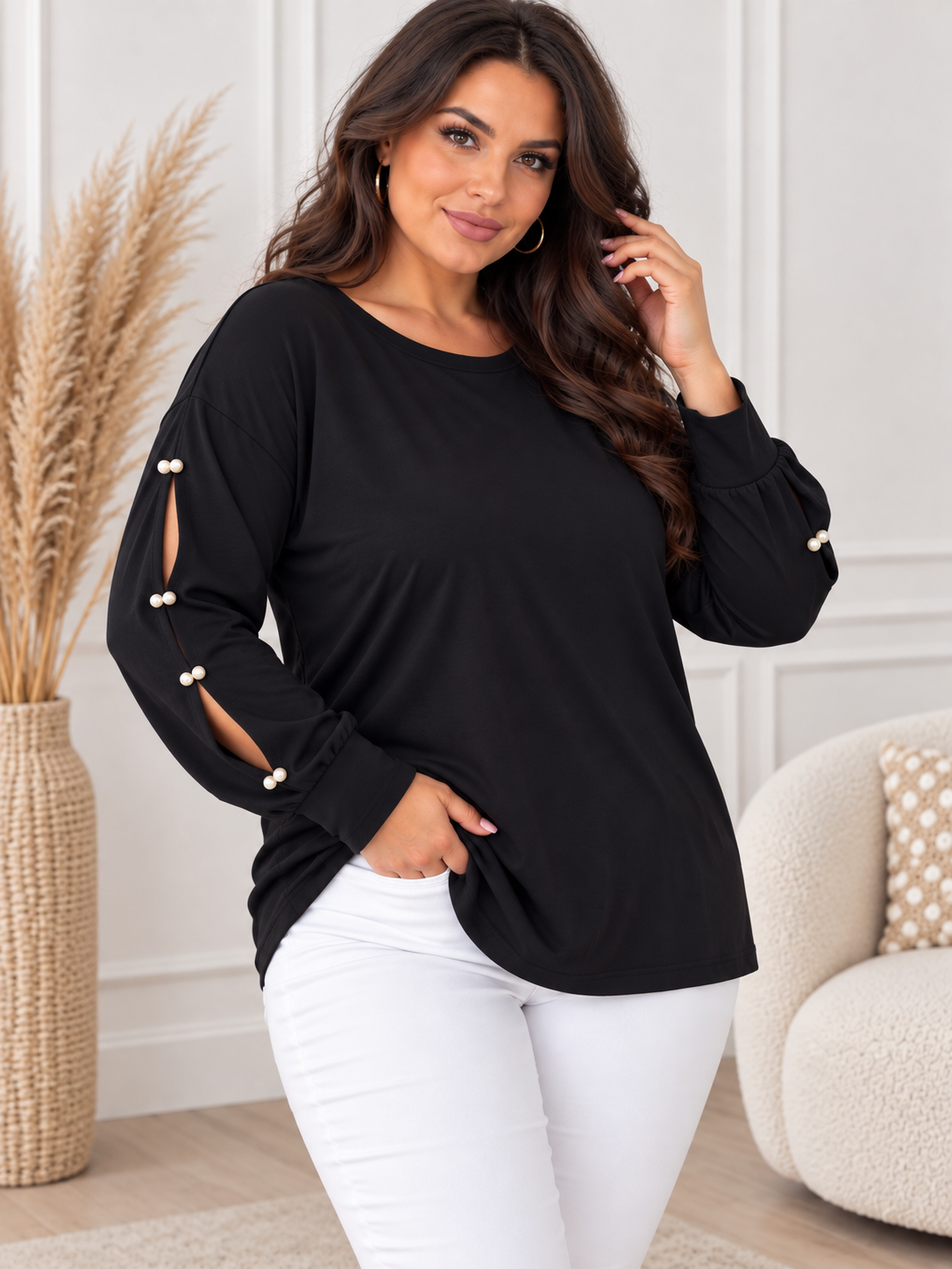 Tunika damska Plus Size „Perla” z ozdobnymi perełkami na rękawach ( r. 48-52)